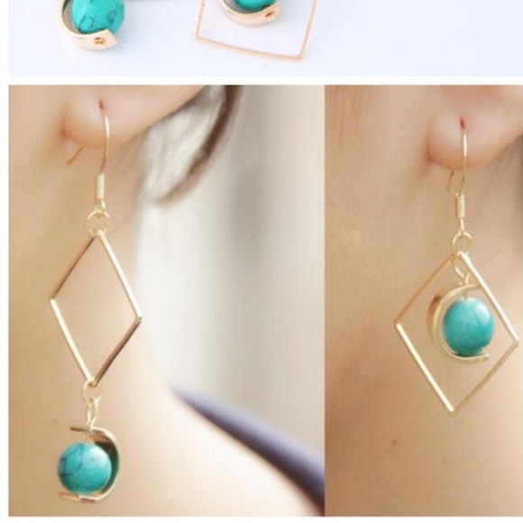 Turquoise Ball Inlaid Dangling Square Earrings - Picture 4 of 5